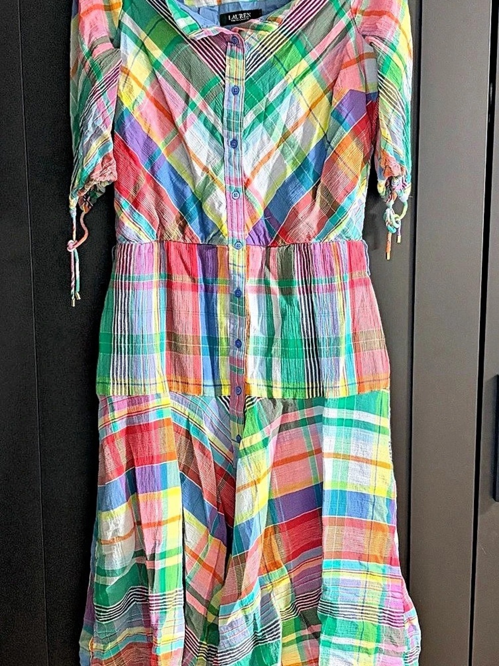 Lauren Ralph Lauren Multicolor Madras Plaid Cotton Midi Dress Size 6